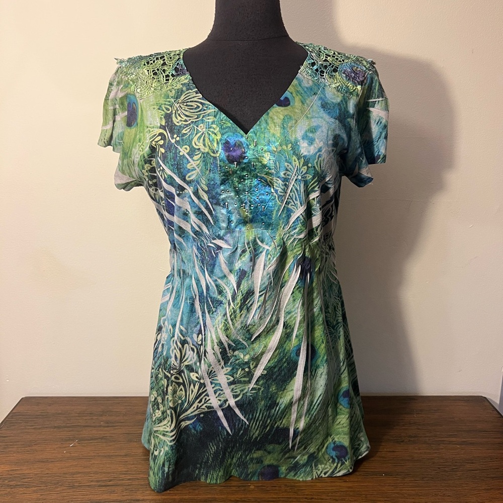 Cato Green Peacock Print Women's Blouse
